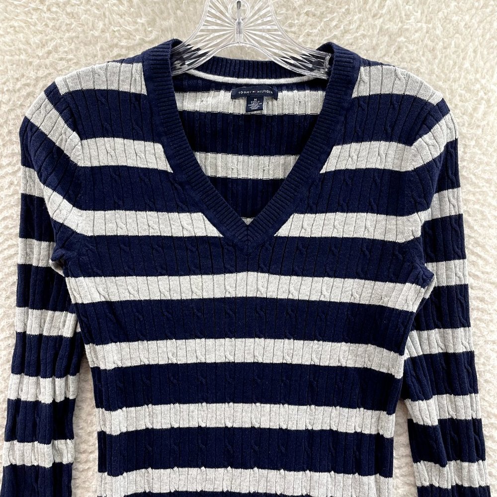 Tommy Hilfiger Navy Blue Grey Striped Cable Knit V-Neck Sweater Womens M Medium - Picture 3 of 9